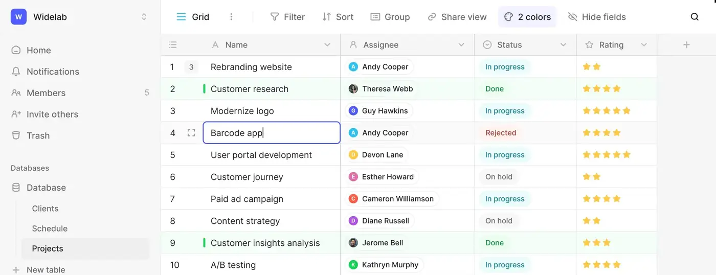 Baserow grid view showing a project tracker with assignee, status, and rating columns