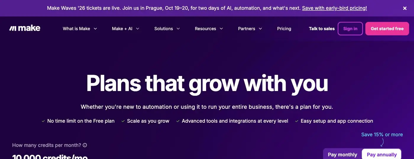 Screenshot of Make's public pricing page showing credit tiers