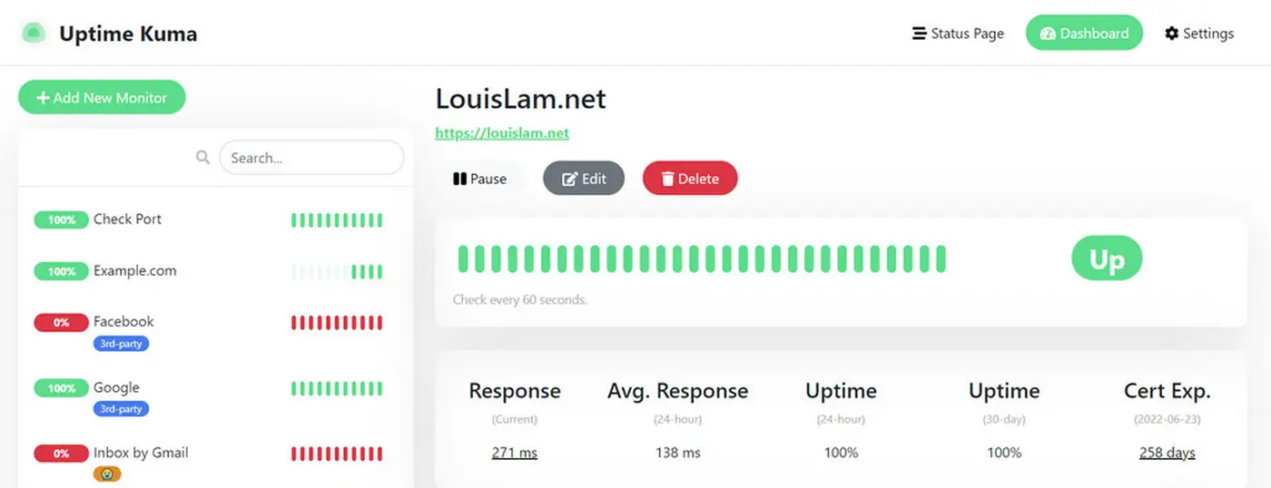Uptime Kuma dashboard showing monitor list and uptime stats for a self-hosted instance